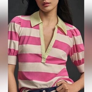 Maeve by Anthropologie Puff Sleeve Polo Blouse Top pink and white, siz XL